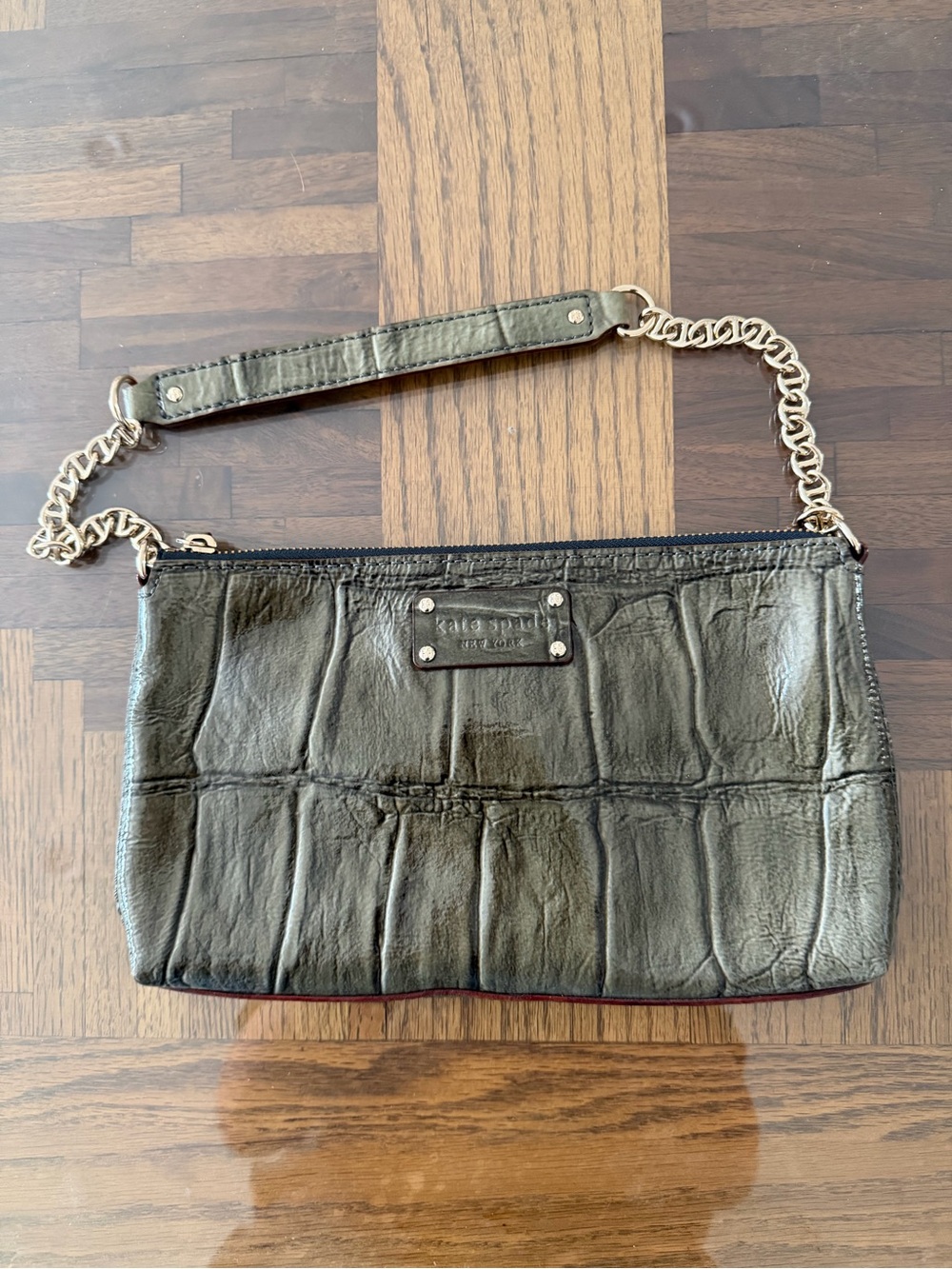 kate spade grey leather clutch with chain strap